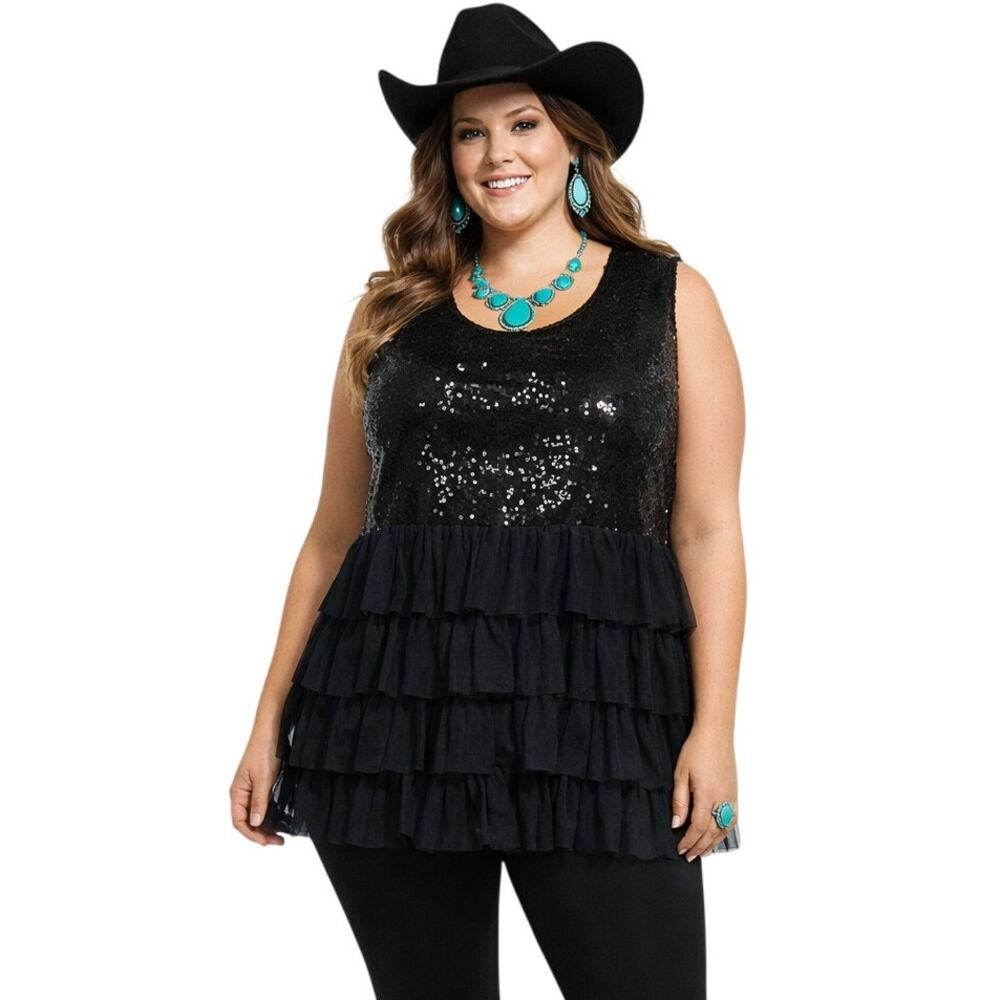 Sunshine & Rodeos Size 2XL Sleeveless Top Tunic Sequin Ruffle Going Out Party